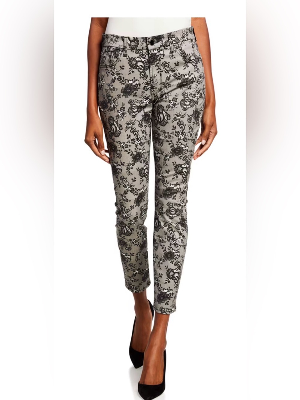 7 For All Mankind Black & Gray Floral Cropped Slim Pants